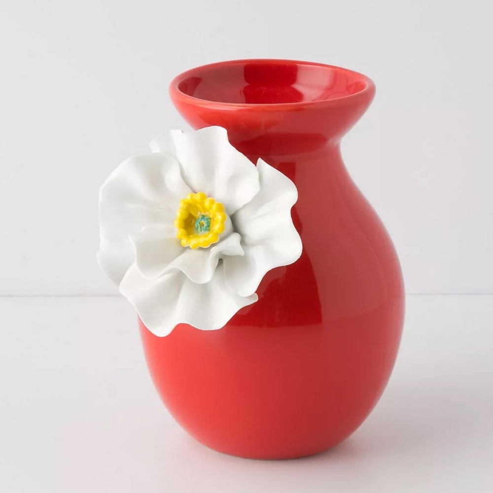 Anthropologie 3D White Poppy Red Ceramic Vase